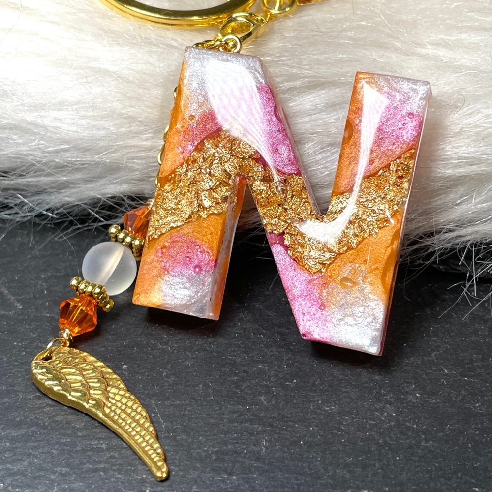 Orange, Gold and Pink Initial Letter “N” Boho Keychain With Angel Wing Charm - Picture 3 of 11